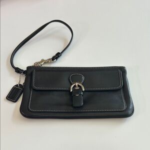 Coach Black Leather Wristlet with Buckle Detail